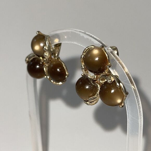 Vintage Jewelry Gold Toned tigers eye Brown Stone Clip On Earrings Cluster B#18 - Picture 4 of 13